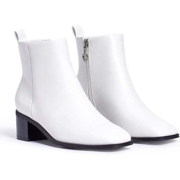 Genshuo Ankle Boot Women Size (6-10) White Polyurethane Zipper Heeled Square Toe - Picture 6 of 9